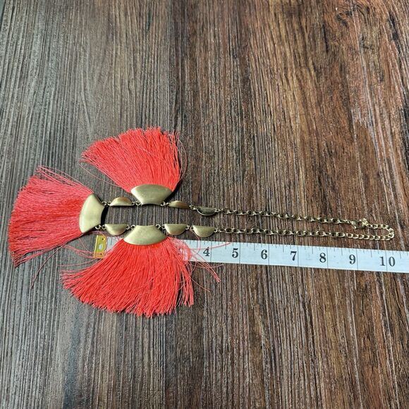 Goldtone Neon Coral Red Fan Fringe Statement Necklace 3 Tassel Adjustable 17-21” - Picture 10 of 13